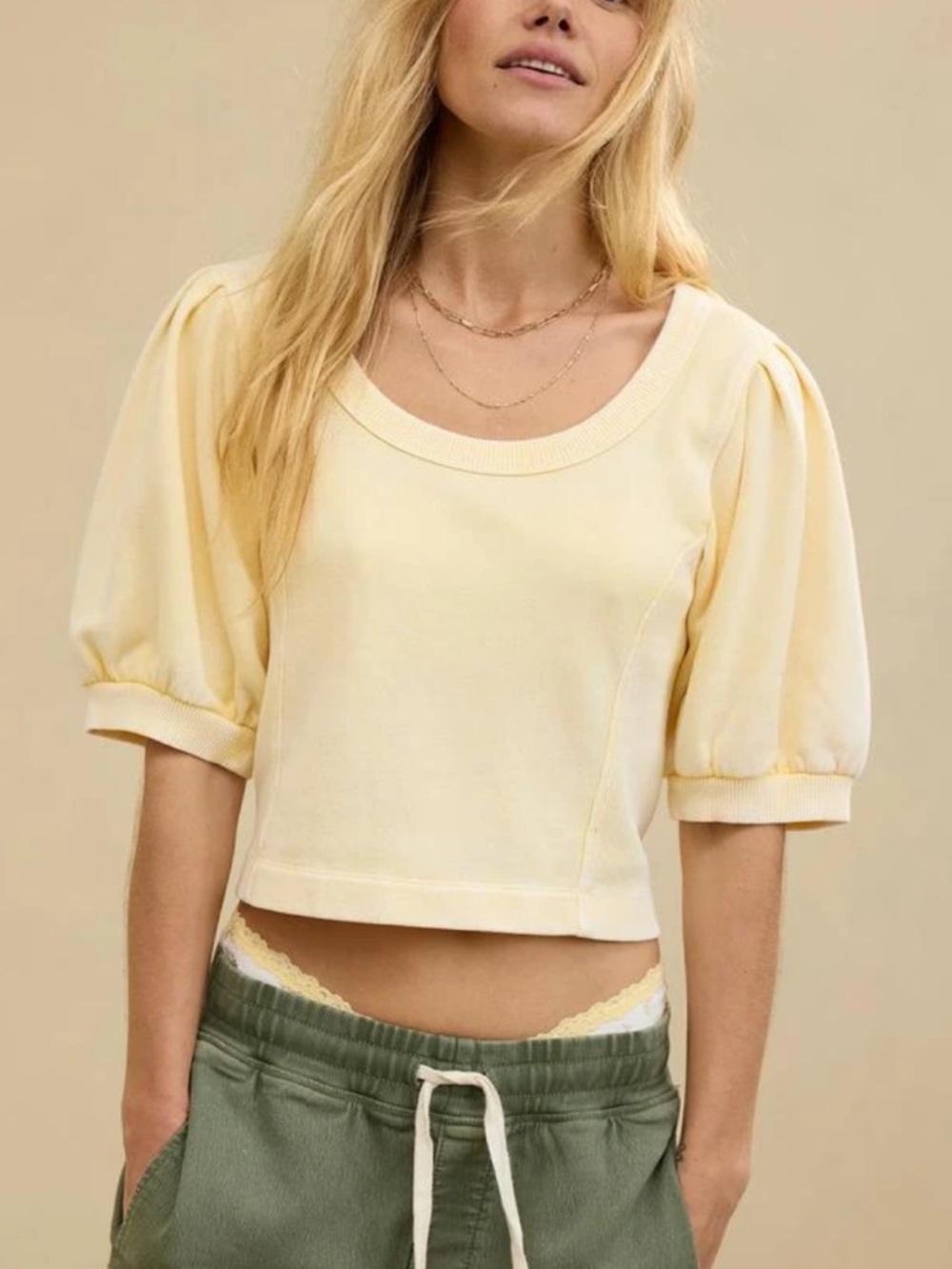Aerie Seams Right Short Sleeve Sweatshirt Puff Sleeve Butter Yellow S/P